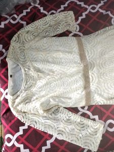 Off White Long Dress With Golden Detailing