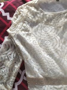 Off White Long Dress With Golden Detailing