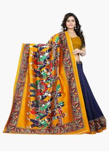 Mysore Art Silk Saree Navy Blue &amp; Mustard