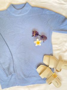 Blue Knit Turtleneck Sweater
