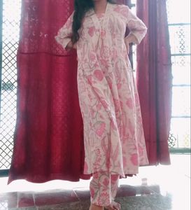 Pink Floral Cotton Kurta Pant Set