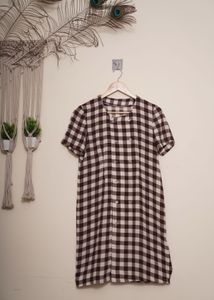 Checked Print Brown Gingham Button Dress