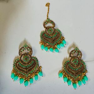 Mint Green Earrings & Maang Tikka Set