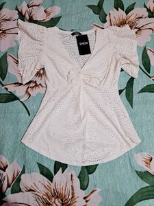 White Eyelet Flutter Sleeve Top