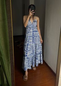 Blue-White Pattern Strappy Maxi Dress