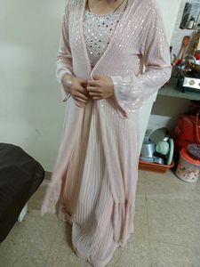Blush Sequin Crop Top, Palazzo Pants &amp; Shrug Set