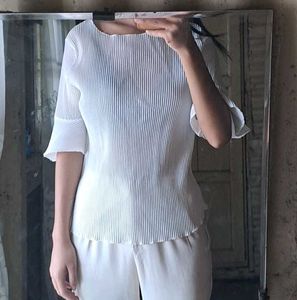 White Pleated Top with Ruffle Sleeves