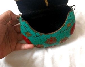 Turquoise And Coral Mosaic Stone Chain Sling Bag