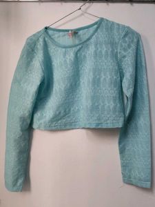Blue Cropped Long Sleeve Top