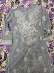 Grey Georgette Chikankari Kurta With Inner