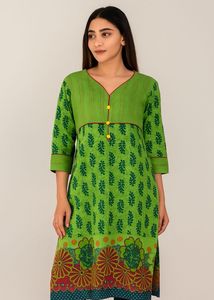 Beautiful Green Printed Kurti With Red Piping