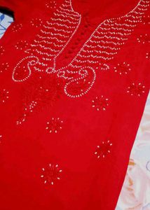 Red  Chikenkari Embroidered Kurta With Free Saree
