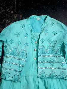 Soft Cyan Frock With Overcoat