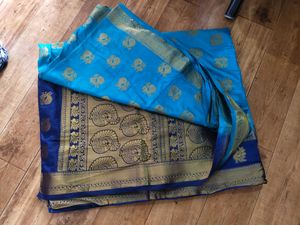 Teal &amp; Navy Peacock Saree With Blouse.