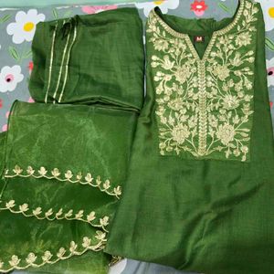 Green Embroidered  Kurta Plazo Dupatta