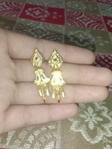 Gold Dangle Earrings with Red Accents