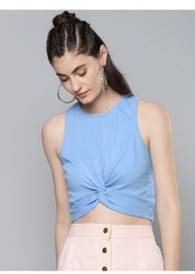 Sassafas Sky Blue Front Knot Crop Top