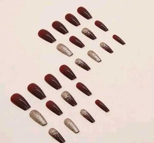 Burgundy &amp; Glitter Press-On Nails