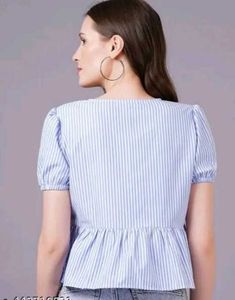 Triped Puff Sleeves Tie Top Blue