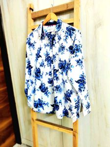 Blue Floral Print Cotton Shirt Size-42-44