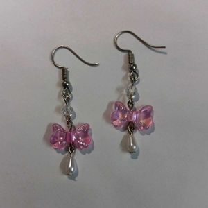 Handmade Pink Bow Earrings with Drop