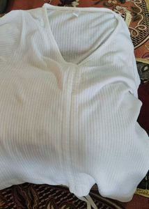 White Ribbed Drawstring Crop Top