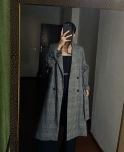 Plaid Grey Check Double Breasted Trench Coat