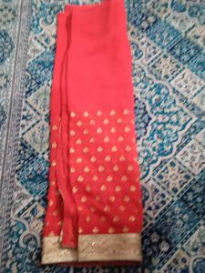 Red &amp; Gold Floral Saree Fabric