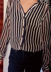 Black And Cream Vertical Striped Sheer Shirt