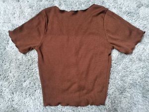 Ribbed Brown Button-Front Top