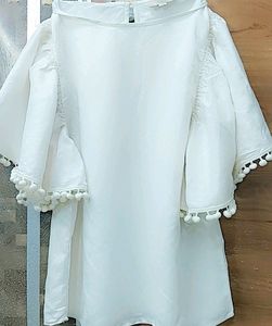 White Top And Umbrella Sleeves With White Pompom Border/ball Fringe And Cotton Material