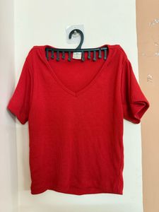 Red V-Neck Ribbed Top