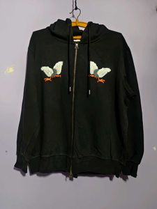 Off White Embroidered Zip-Up Hoodie
