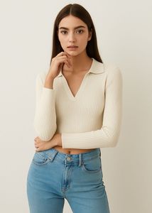 H&M Ribbed Knit Collared V-Neck Top – Women