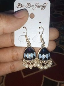 Navy Blue With White Pearl Jhumka Earrings