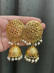 Gold Jhumka Earrings with Pearls