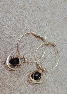 Silver Hoop With Black Stone Earrings