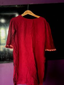 Red Tunic Dress with Crochet Trim