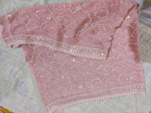 Pink Embroidered Fabric with Scalloped Trim