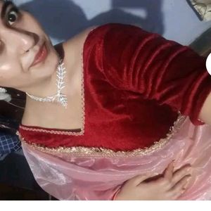 New Peach Saree With Velvet Blouse Piece