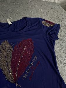 Navy Blue Feather Embellished Tee