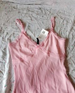 Pink Ribbed Lace Trim Mini Dress