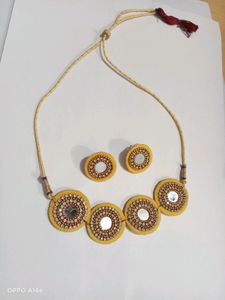 Yellow Fabric Mirror Choker Necklace With Earrings