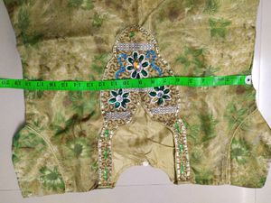 Unused Green And Gold Floral Net Chudidhar