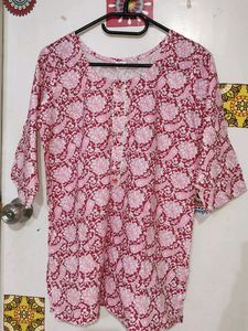 Unused Beautiful Pink Floral Ethnic Short Cotton Kurti Top