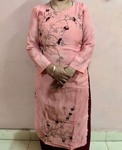 Peach Embroidered Kurti - Floral Work - Size L