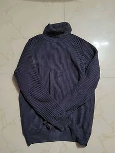 Blue Ribbed Turtleneck Sweater