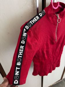 Red Ribbed Half-Zip Top