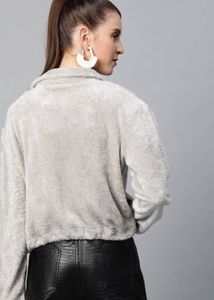 Women Grey Melange Solid Faux Fur Tailored Jacket