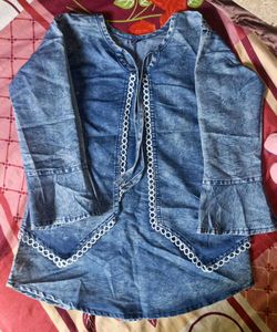 Denim Style Bell-sleeves Front-Bow Top